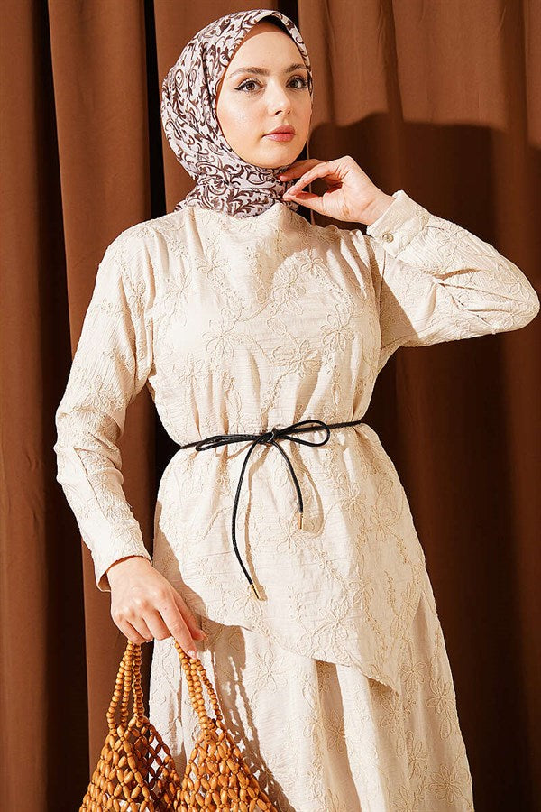 2 Piece Set with Floral Stitch Skirt and Stone
