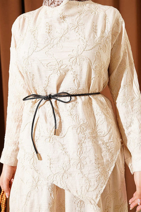 2 Piece Set with Floral Stitch Skirt and Stone