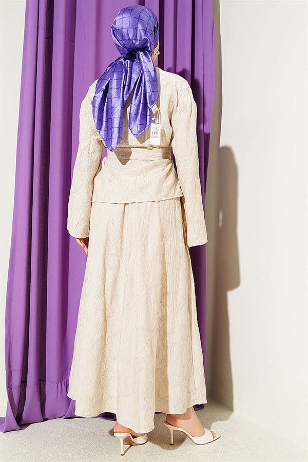 2 Piece Set with floral stitching and belted skirt, beige.