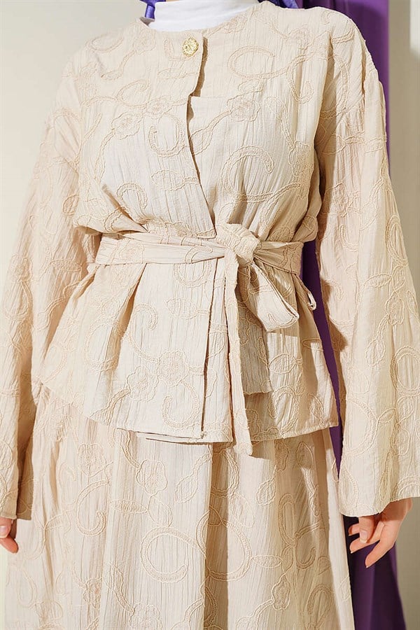 2 Piece Set with floral stitching and belted skirt, beige.