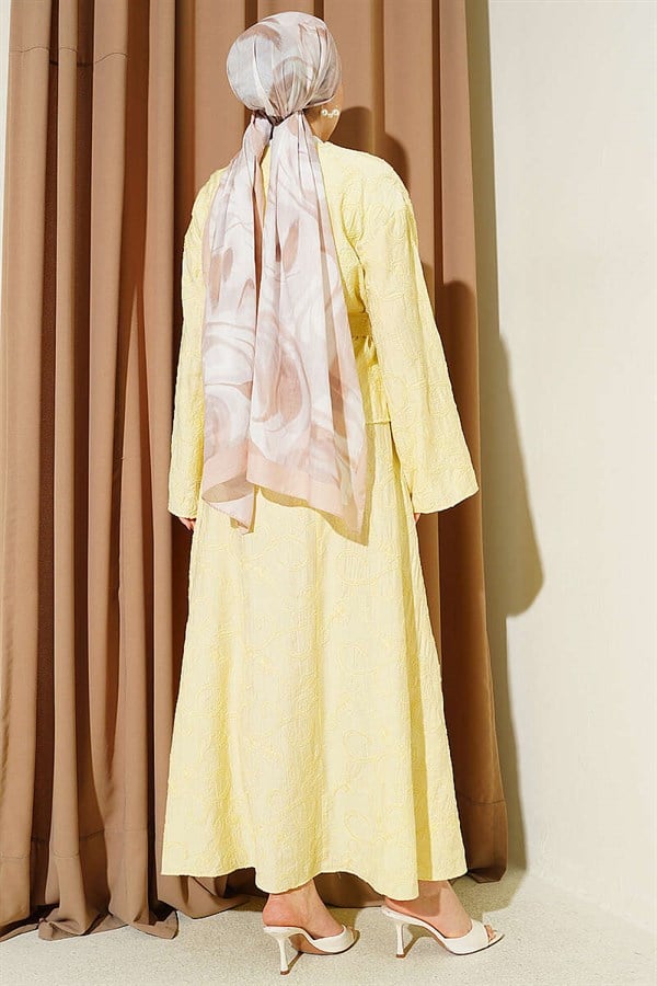 2 Piece Set with Floral Stitching and Belted Skirt, Yellow