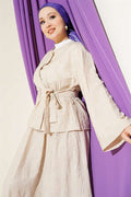 2 Piece Set with floral stitching and belted skirt, beige.