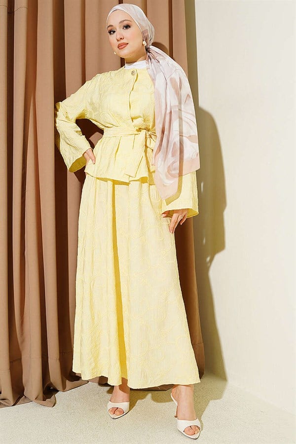 2 Piece Set with Floral Stitching and Belted Skirt, Yellow