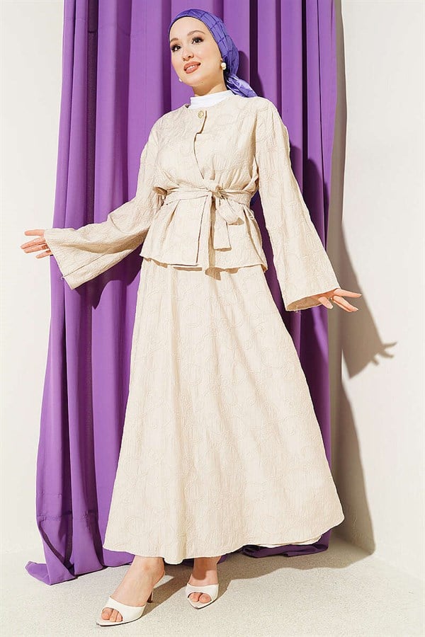 2 Piece Set with floral stitching and belted skirt, beige.