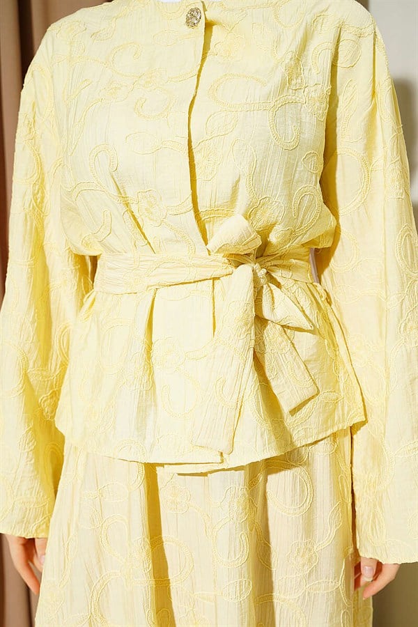 2 Piece Set with Floral Stitching and Belted Skirt, Yellow