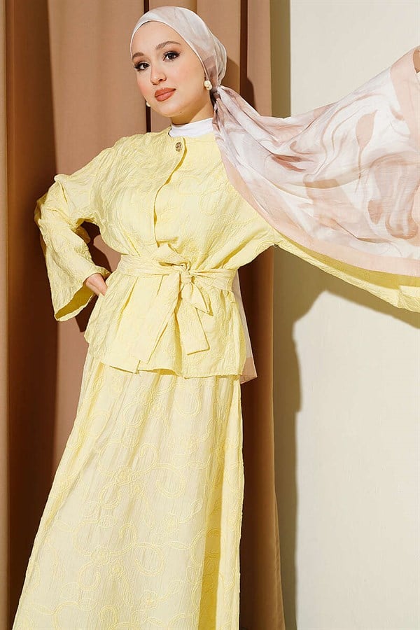 2 Piece Set with Floral Stitching and Belted Skirt, Yellow