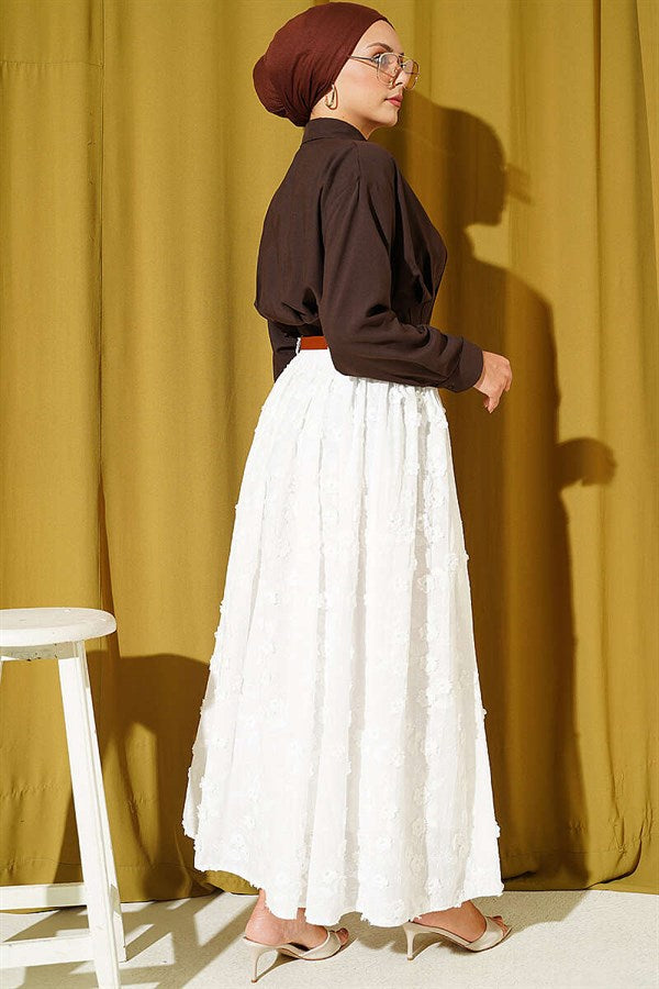 Floral Lace Belted Skirt, Ecru