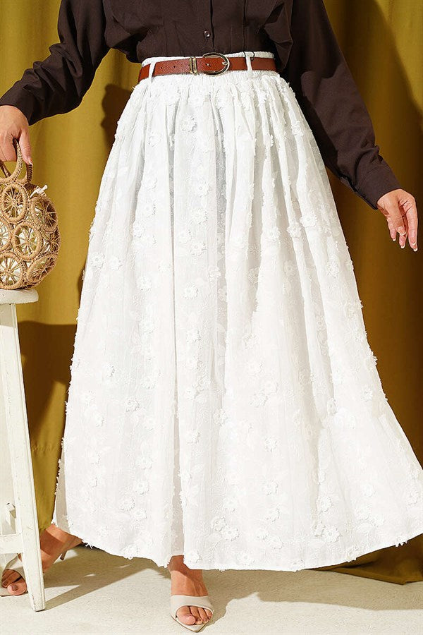 Floral Lace Belted Skirt, Ecru