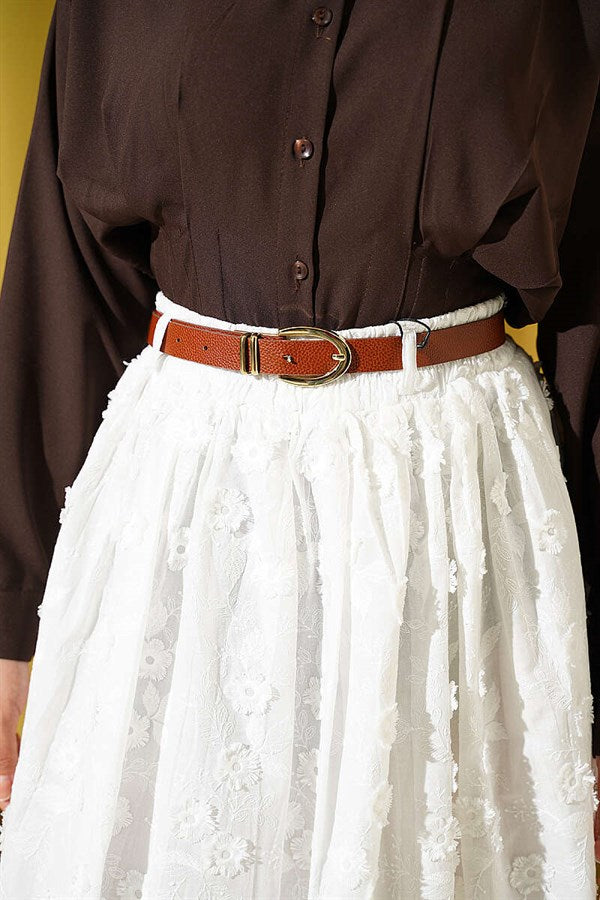Floral Lace Belted Skirt, Ecru