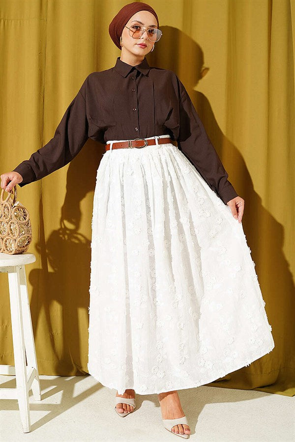 Floral Lace Belted Skirt, Ecru