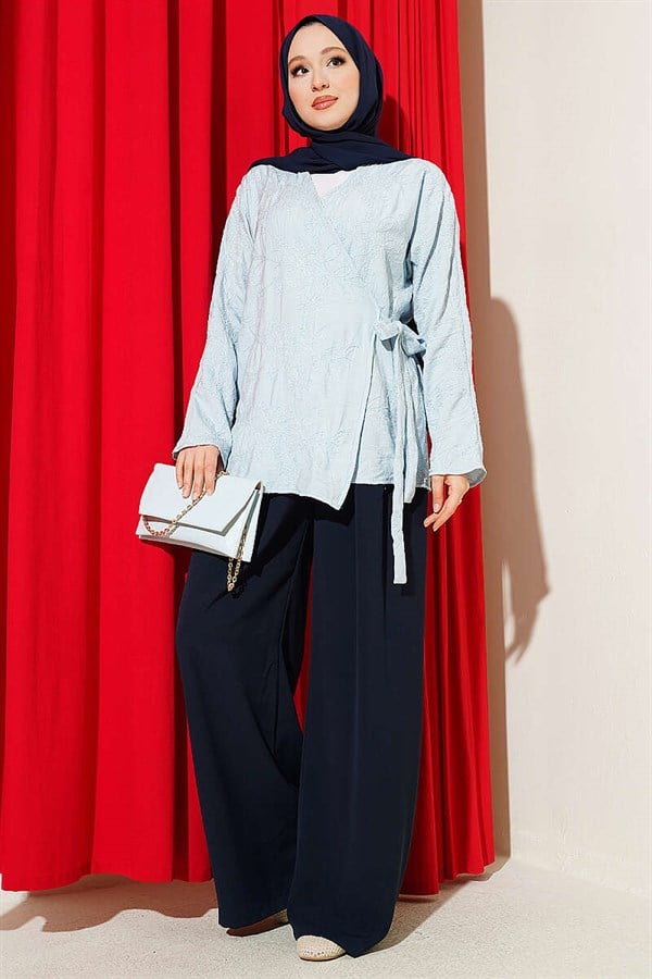 Baby Blue Kimono with Floral Embroidered Tie-Up