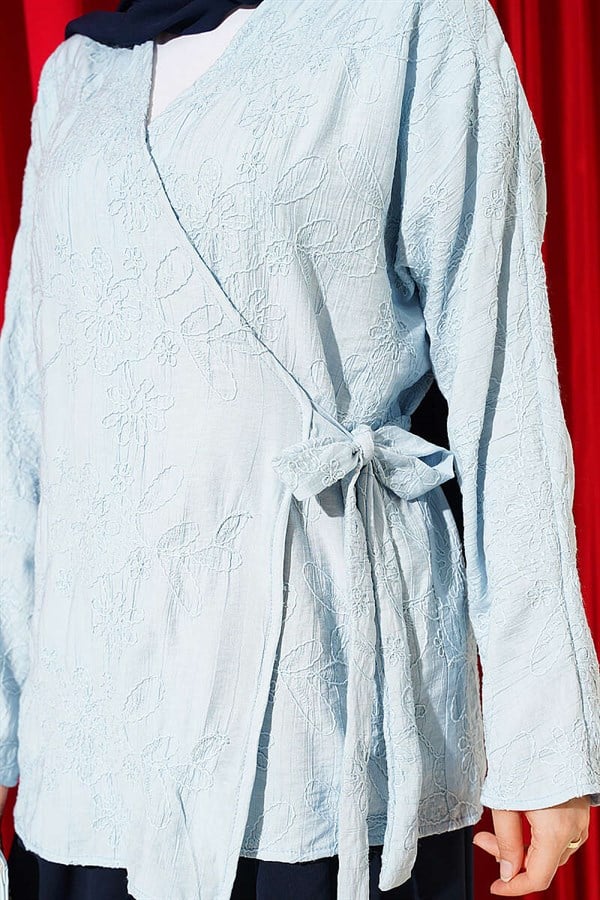Baby Blue Kimono with Floral Embroidered Tie-Up