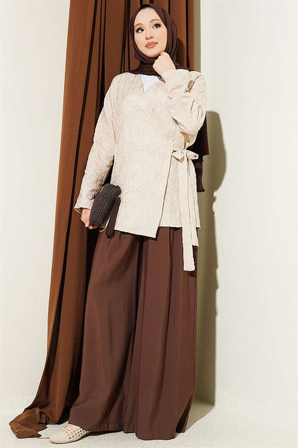 Beige Kimono with Floral Embroidery and Tie-Up
