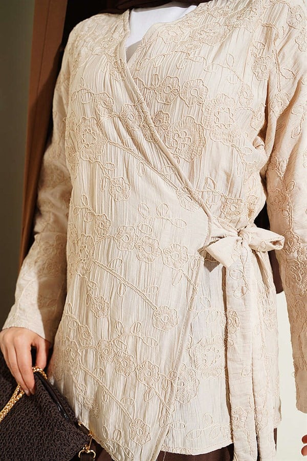 Beige Kimono with Floral Embroidery and Tie-Up