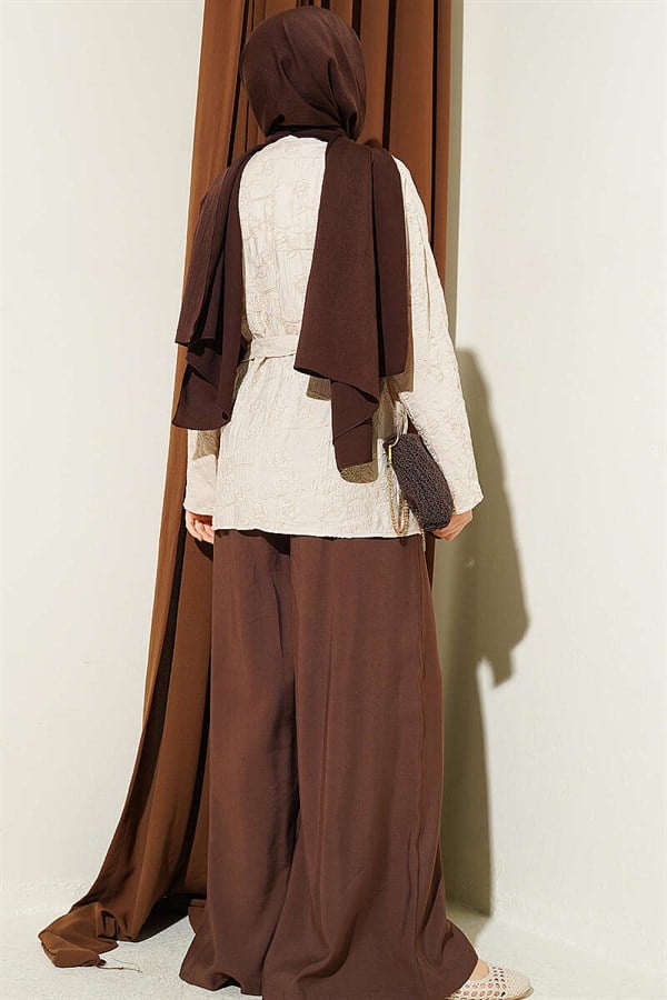 Beige Kimono with Floral Embroidery and Tie-Up