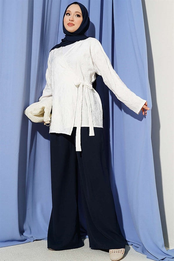 White Kimono with Floral Embroidery and Tie-Up