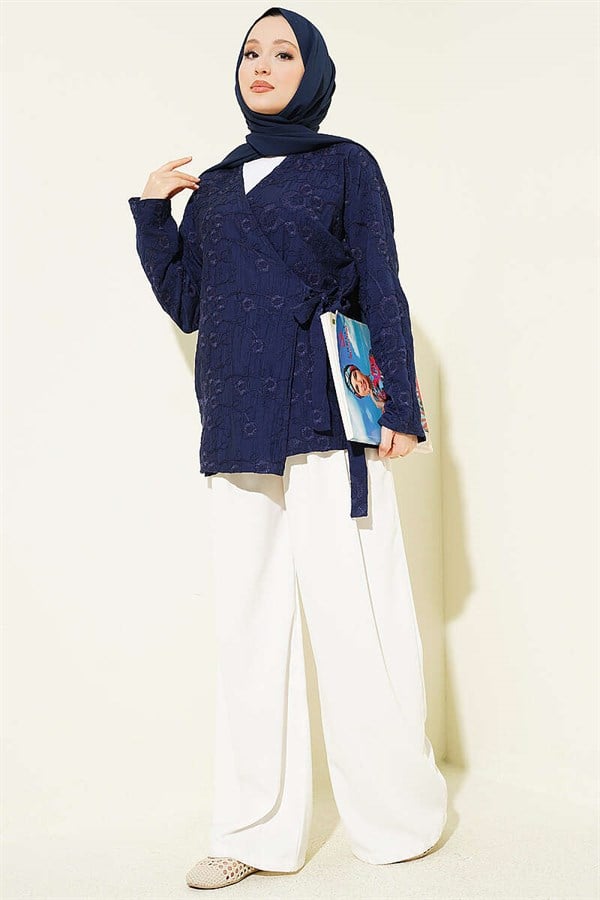 Navy Blue Kimono with Floral Embroidery and Tie-Up