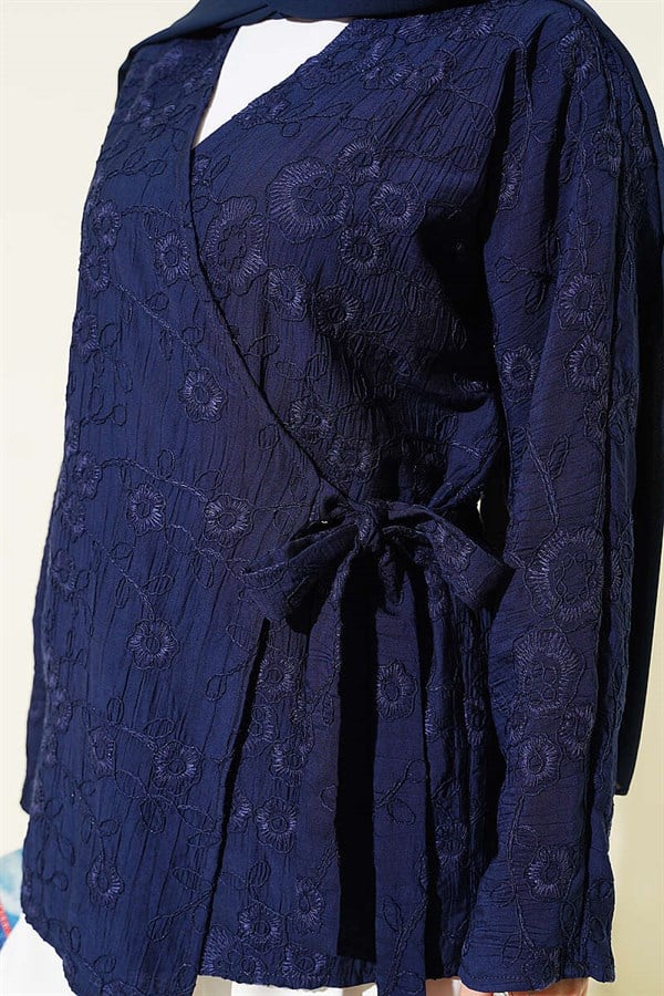 Navy Blue Kimono with Floral Embroidery and Tie-Up