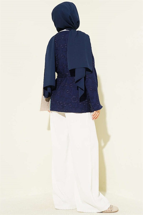 Navy Blue Kimono with Floral Embroidery and Tie-Up