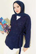 Navy Blue Kimono with Floral Embroidery and Tie-Up