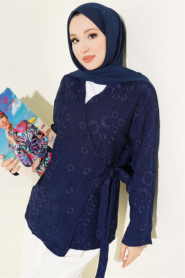 Navy Blue Kimono with Floral Embroidery and Tie-Up