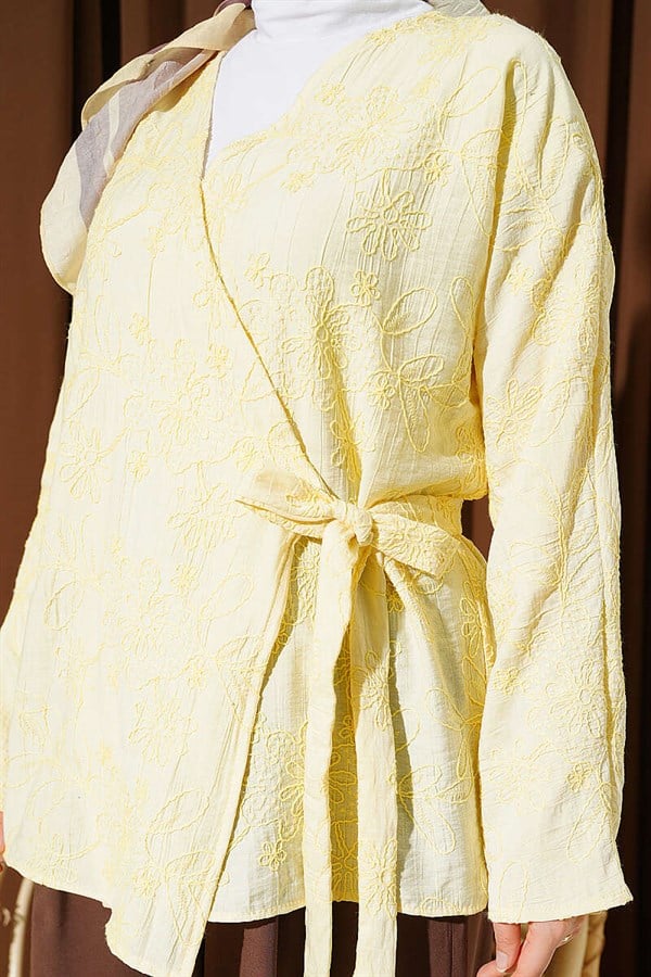 Yellow Kimono with Floral Embroidery and Tie-Up