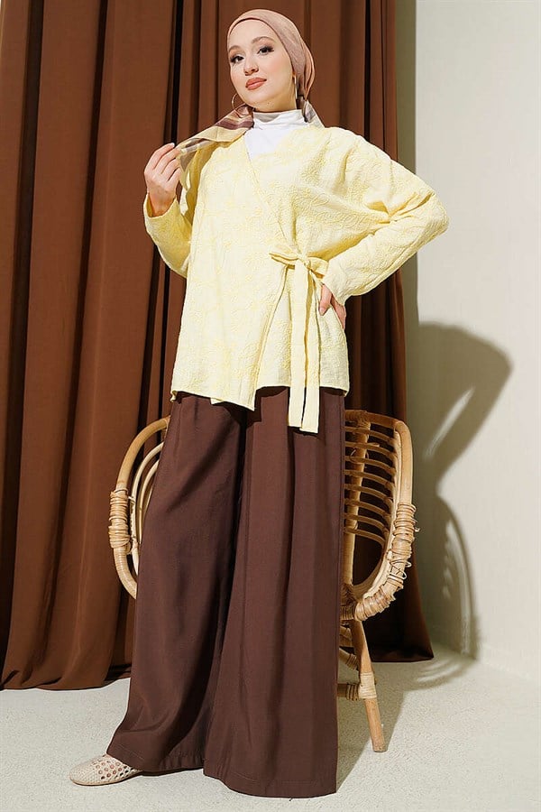 Yellow Kimono with Floral Embroidery and Tie-Up