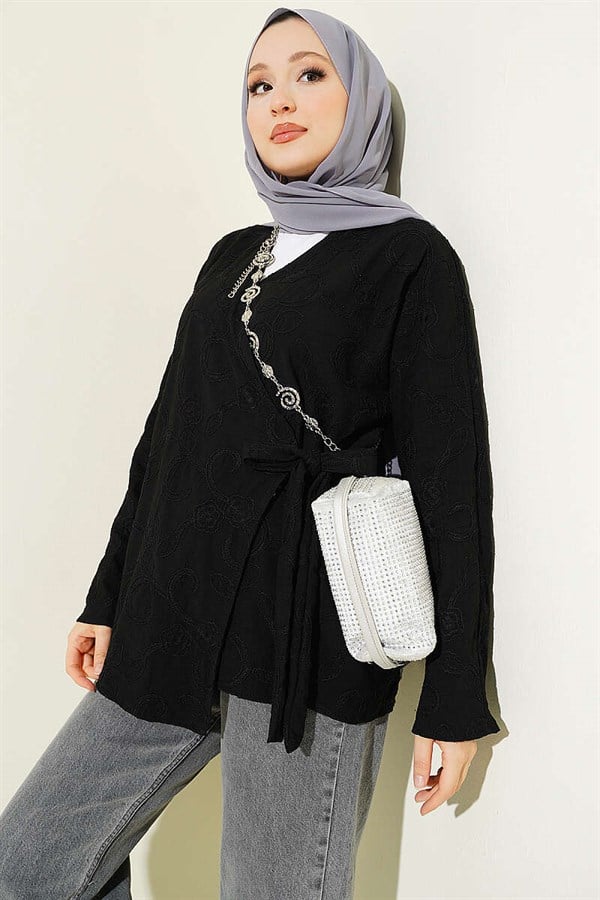 Black Kimono with Floral Embroidery and Tie-Up
