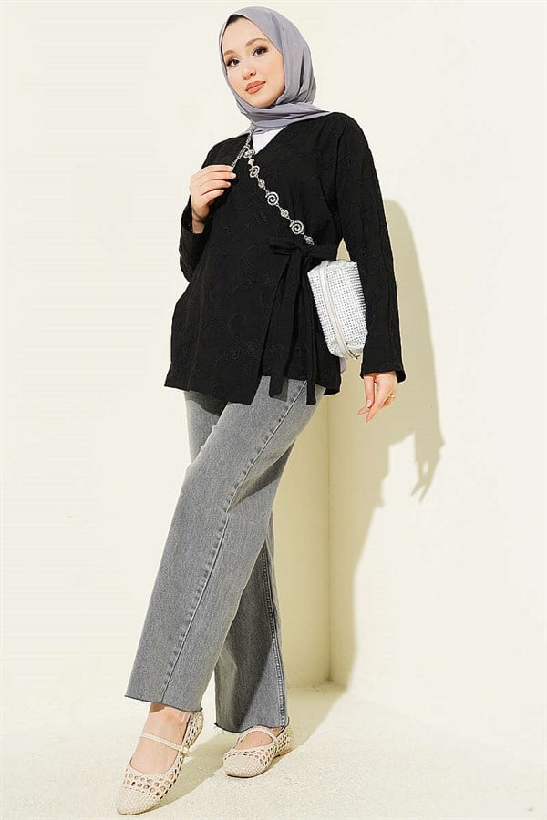 Black Kimono with Floral Embroidery and Tie-Up