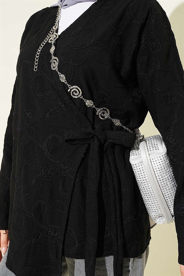 Black Kimono with Floral Embroidery and Tie-Up