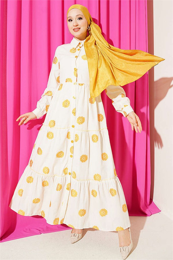 Floral Embroidered Button-Down Dress in Mustard Color