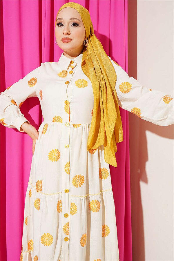 Floral Embroidered Button-Down Dress in Mustard Color
