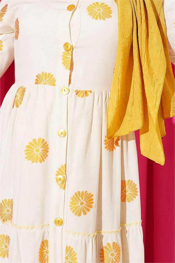 Floral Embroidered Button-Down Dress in Mustard Color