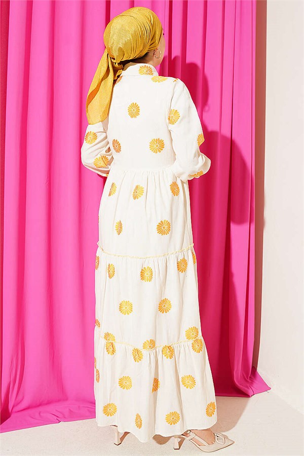 Floral Embroidered Button-Down Dress in Mustard Color