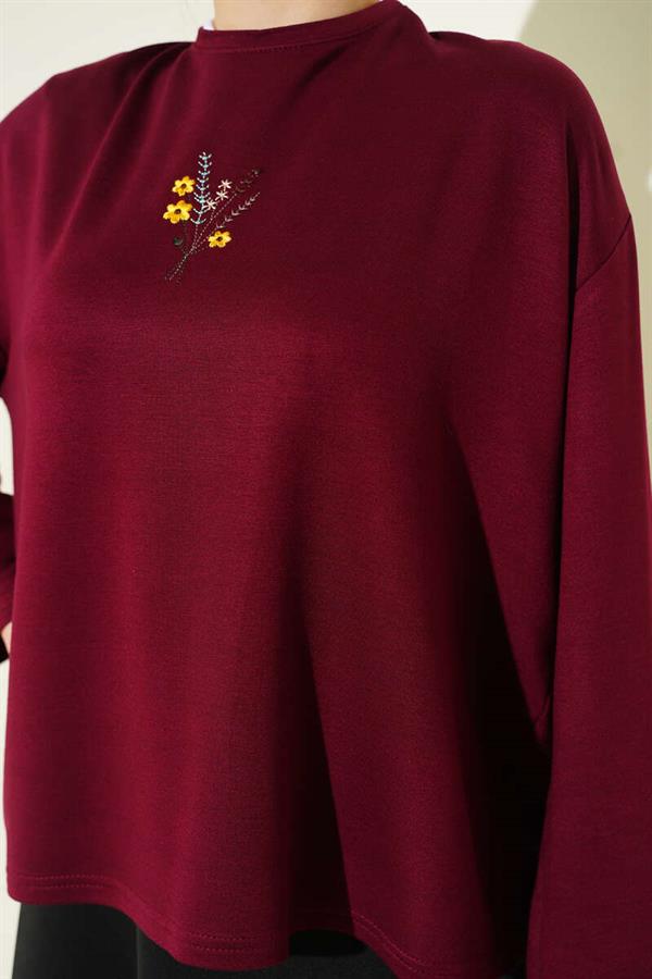 Flower Embroidered Loisha Blouse in Burgundy