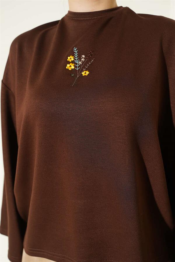 Floral Embroidered Loisha Blouse, Coffee