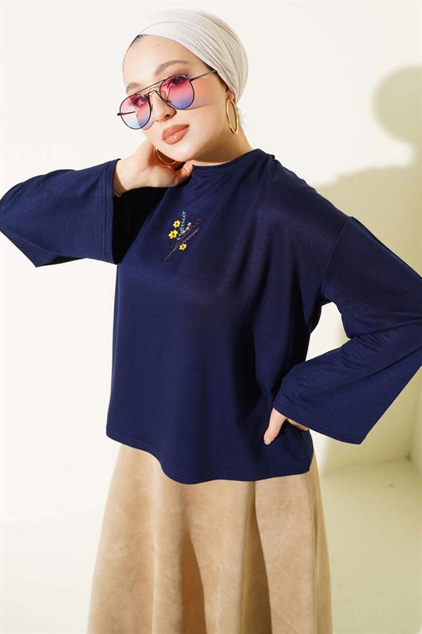 Floral Embroidered Loisha Blouse, Navy Blue