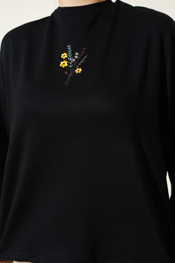 Flower Embroidered Loisha Blouse, Black