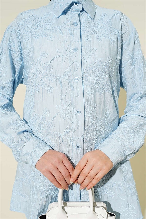 Basic Shirt with Floral Embossing, Baby Blue