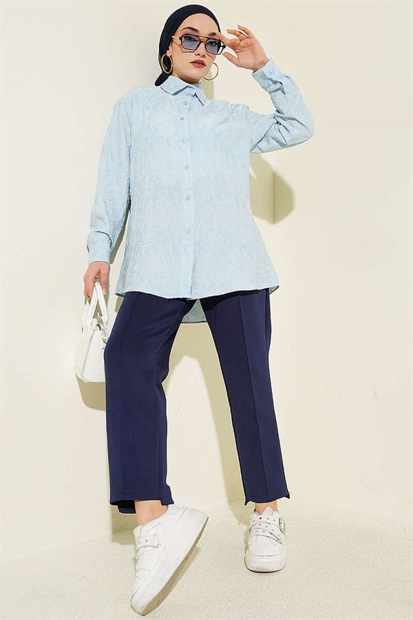 Basic Shirt with Floral Embossing, Baby Blue