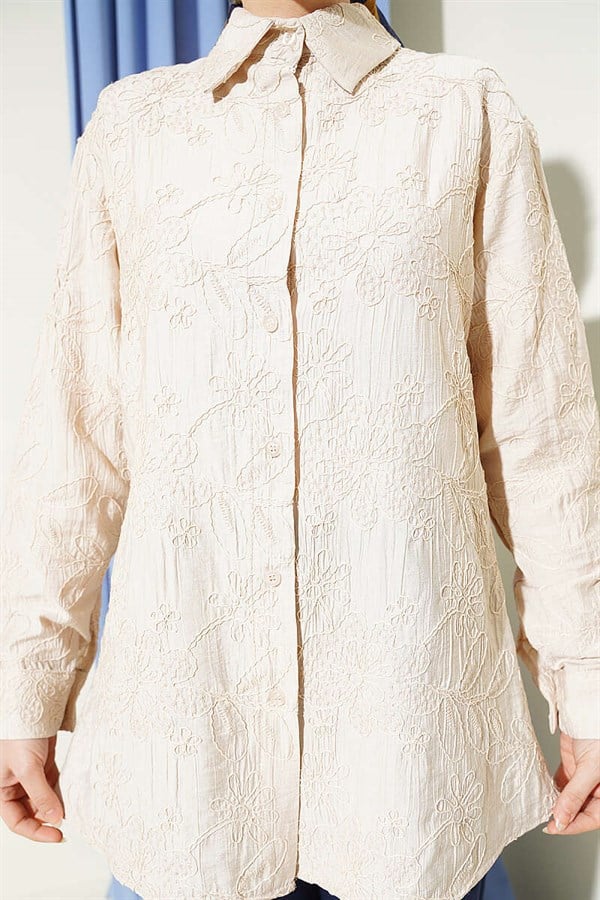 Basic Shirt with Floral Embossing, Beige