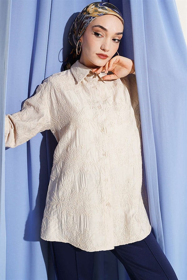 Basic Shirt with Floral Embossing, Beige