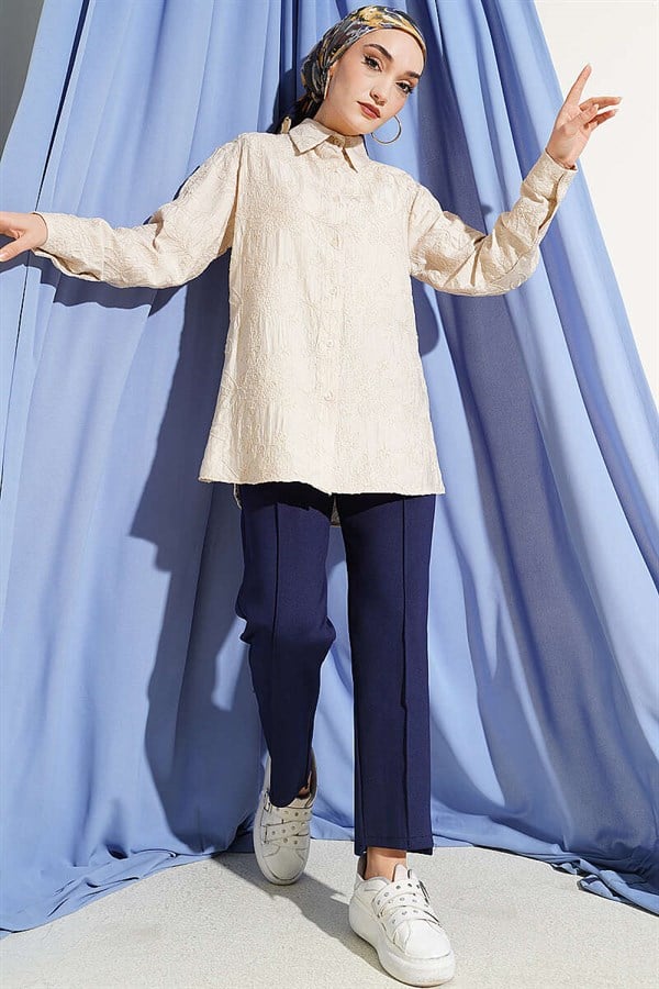 Basic Shirt with Floral Embossing, Beige