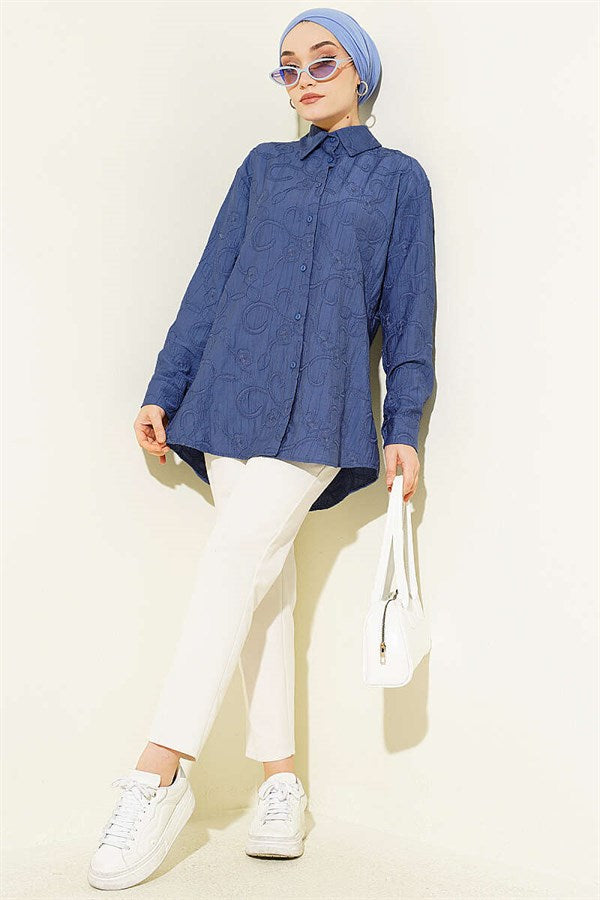 Basic Shirt with Floral Embossing, Indigo