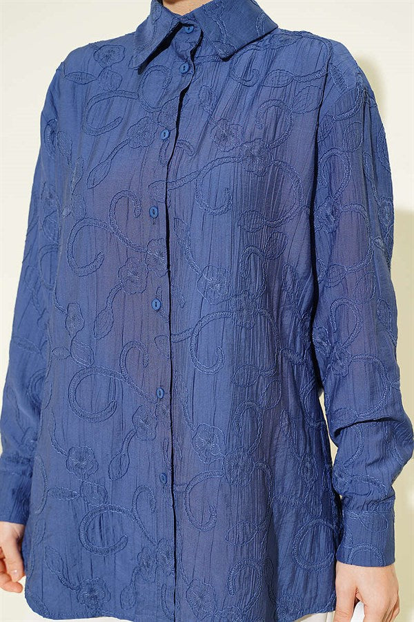 Basic Shirt with Floral Embossing, Indigo