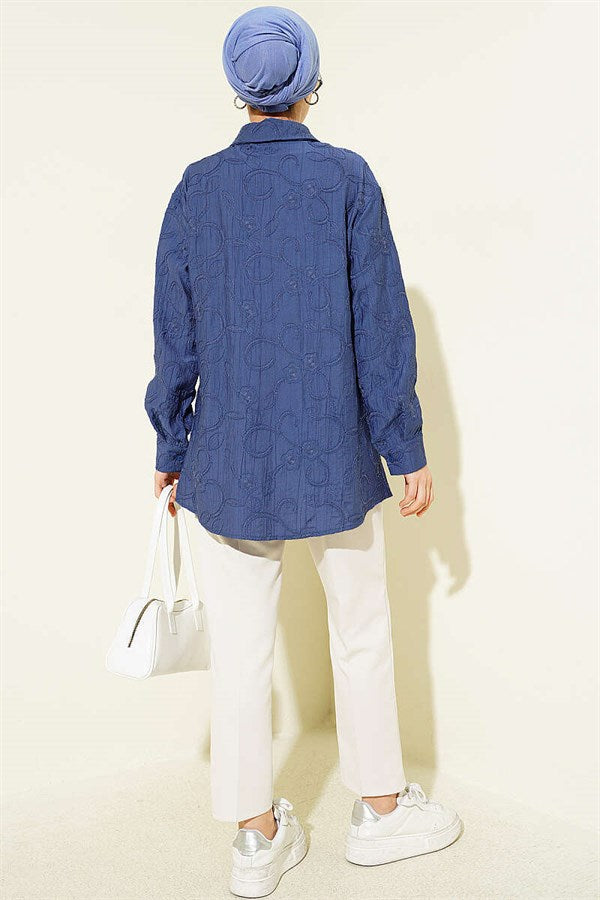 Basic Shirt with Floral Embossing, Indigo