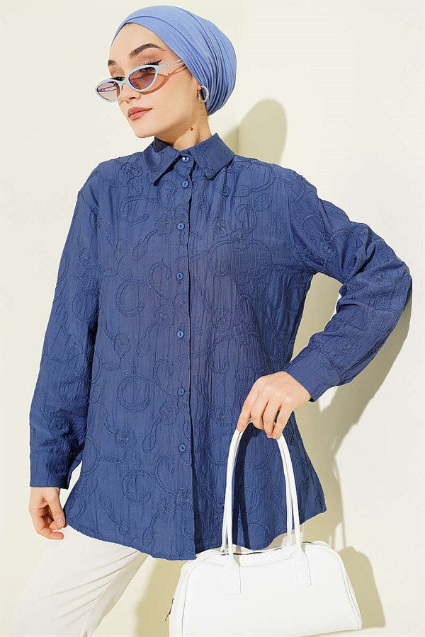 Basic Shirt with Floral Embossing, Indigo