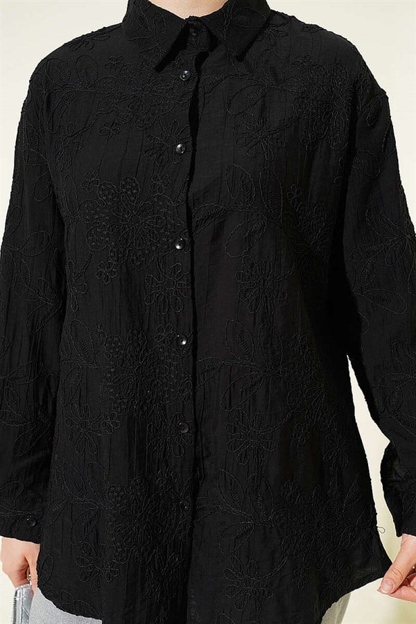Floral Embossed Basic Shirt Black