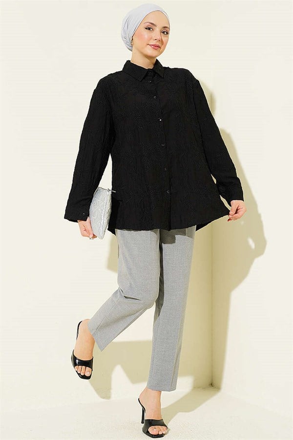 Floral Embossed Basic Shirt Black