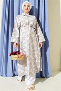Long Tunic with Floral Embossing and Drawstring Belt, Burgundy
